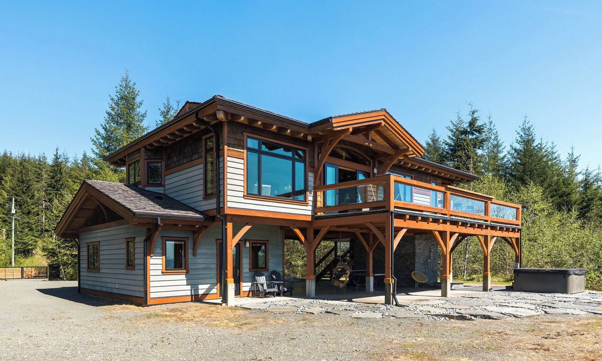 Juan de Fuca Electoral Area House | Mystic Beach Vacation Home-Oceanview modern timberframe with hot tub