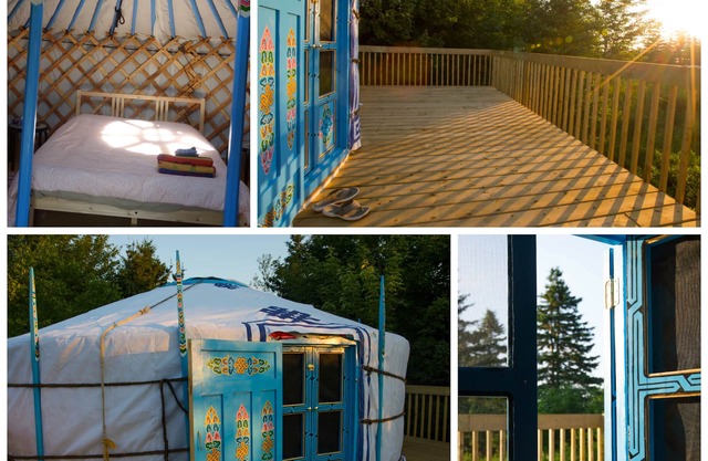 Large sky blue yurt at Cabot Shores Wilderness Resort